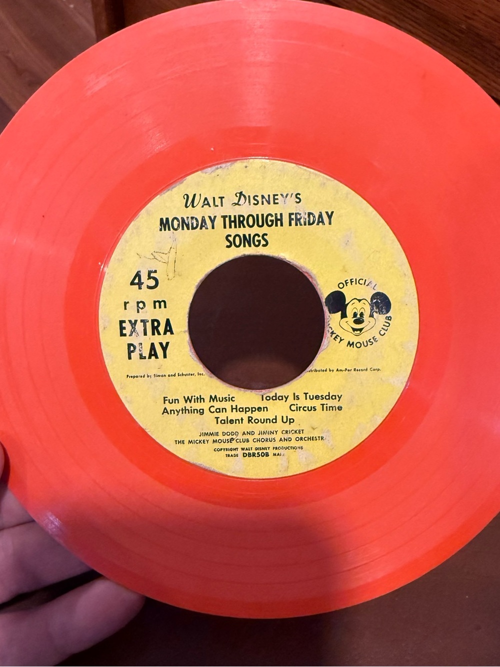Vintage Walt Disney Mickey Mouse Club March Red 45 RPM Record DBR50